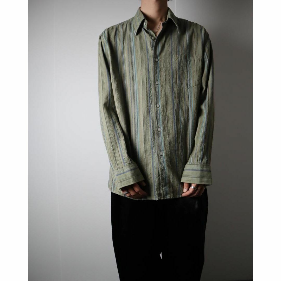 VINTAGE(ヴィンテージ)のマルチストライプ コットン 長袖シャツ くすみ緑 80s 90s vintage メンズのトップス(シャツ)の商品写真