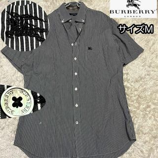 バーバリー(BURBERRY)のM【バーバリーロンドン】黒白ストライプ柄 半袖シャツ ホース刺繍 ブランドロゴ(シャツ)