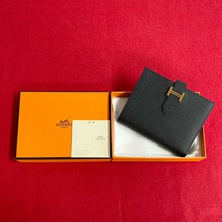 エルメス(Hermes)の未使用保管品 箱付き B 刻印 HERMES エルメス ベアン コンパクト ヴォーエプソン レザー 二つ折り財布 ミニ ウォレット ブラック 58280(財布)