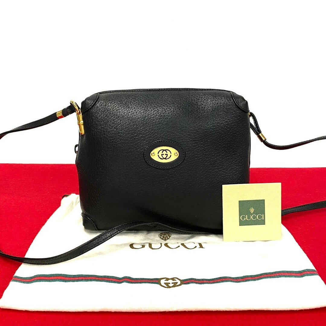 Gucci(グッチ)の未使用保管品 袋付き GUCCI グッチ オールドグッチ ヴィンテージ GG ロゴ 金具 レザー 本革 ミニ ショルダーバッグ ポシェット 黒 620-2 レディースのバッグ(ショルダーバッグ)の商品写真