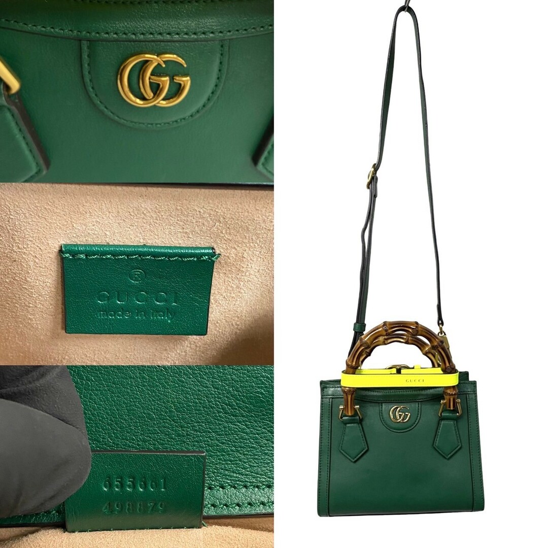 Gucci(グッチ)のほぼ未使用 箱付 GUCCI グッチ ダイアナ ミニ トート バンブー レザー 本革 2way ハンドバッグ ミニ ショルダーバッグ グリーン 26038 レディースのバッグ(ハンドバッグ)の商品写真