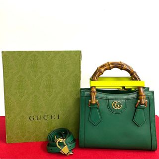 グッチ(Gucci)のほぼ未使用 箱付 GUCCI グッチ ダイアナ ミニ トート バンブー レザー 本革 2way ハンドバッグ ミニ ショルダーバッグ グリーン 26038(ハンドバッグ)