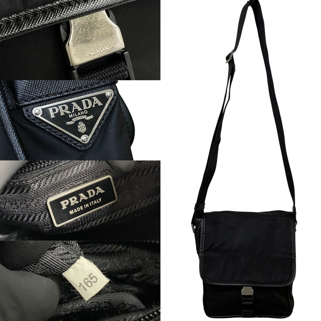 極 美品 レア PRADA プラダ 三角ロゴ 金具 ナイロン レザー 本革 ミニ ショルダーバッグ ポシェット サコッシュ ブラック 黒 28119