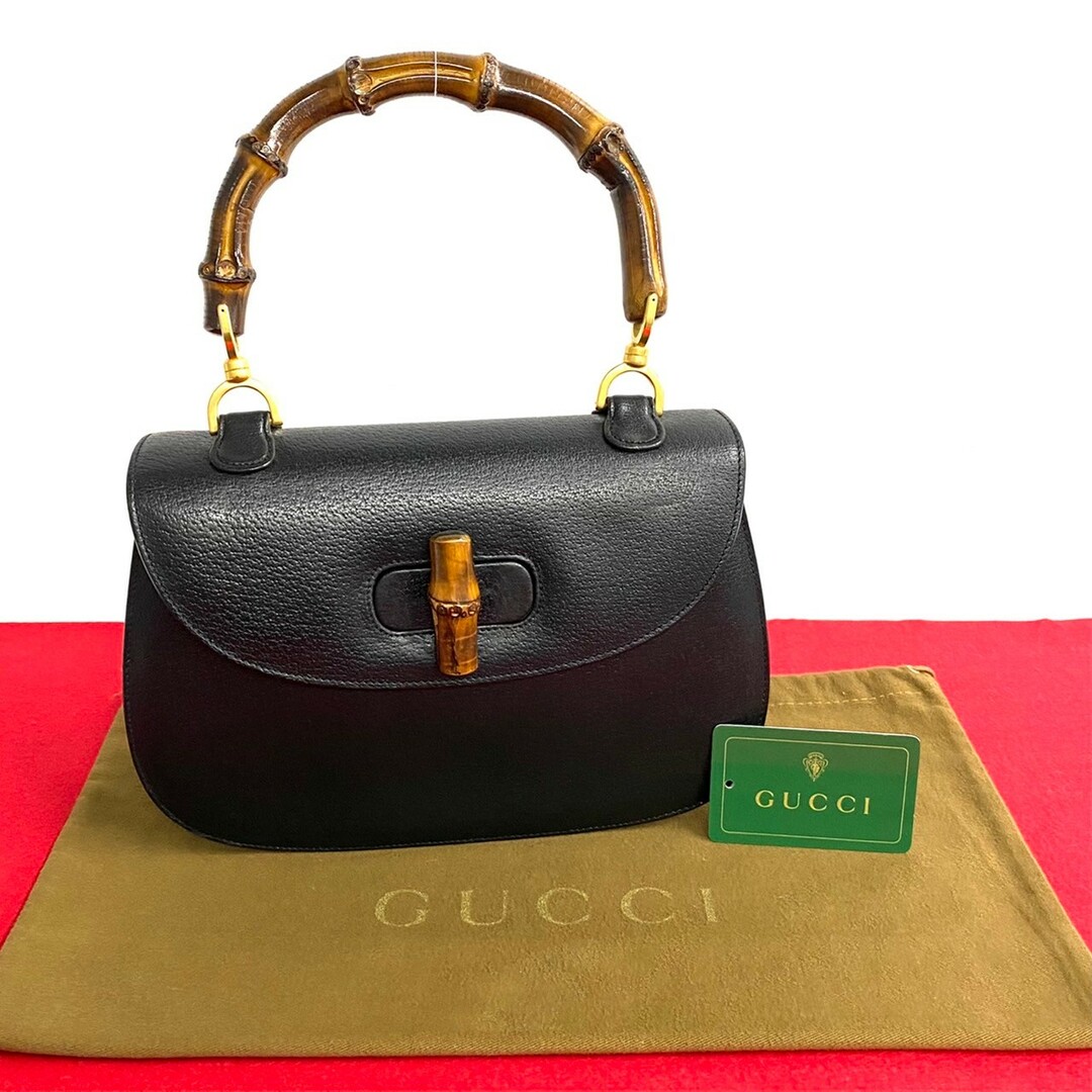 Gucci(グッチ)のほぼ未使用 希少品 GUCCI グッチ オールドグッチ ヴィンテージ バンブー ターンロック レザー 本革 ミニ ハンドバッグ ブラック 黒 33909 レディースのバッグ(ハンドバッグ)の商品写真