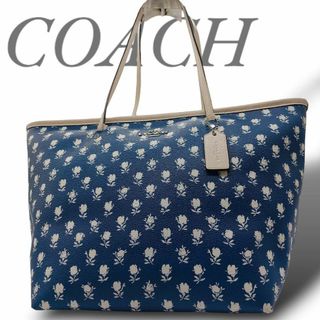 コーチ(COACH)の良品✧コーチ トートバッグ ショルダー フローラル 青 A4収納可(トートバッグ)