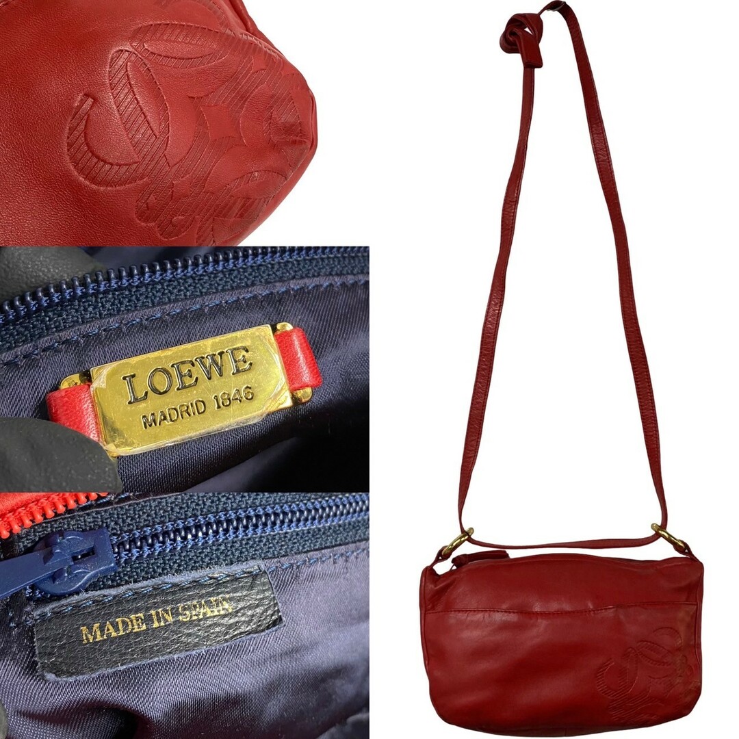 LOEWE(ロエベ)の極 美品 希少品 LOEWE ロエベ アナグラム ロゴ ナッパレザー 本革 セミ ショルダーバッグ ポシェット サコッシュ レッド 赤 49283 レディースのバッグ(ショルダーバッグ)の商品写真