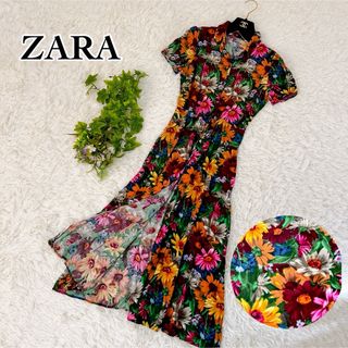 ザラ(ZARA)の【Mサイズ】ZARA フラワープリント ワンピース 半袖 襟付き 前開き 花柄(ロングワンピース/マキシワンピース)