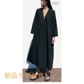 ザラ(ZARA)の新品タグ付き　ZARAザラ　ブラック黒ワンピース　コットンワンピース　　サイズS(ロングワンピース/マキシワンピース)