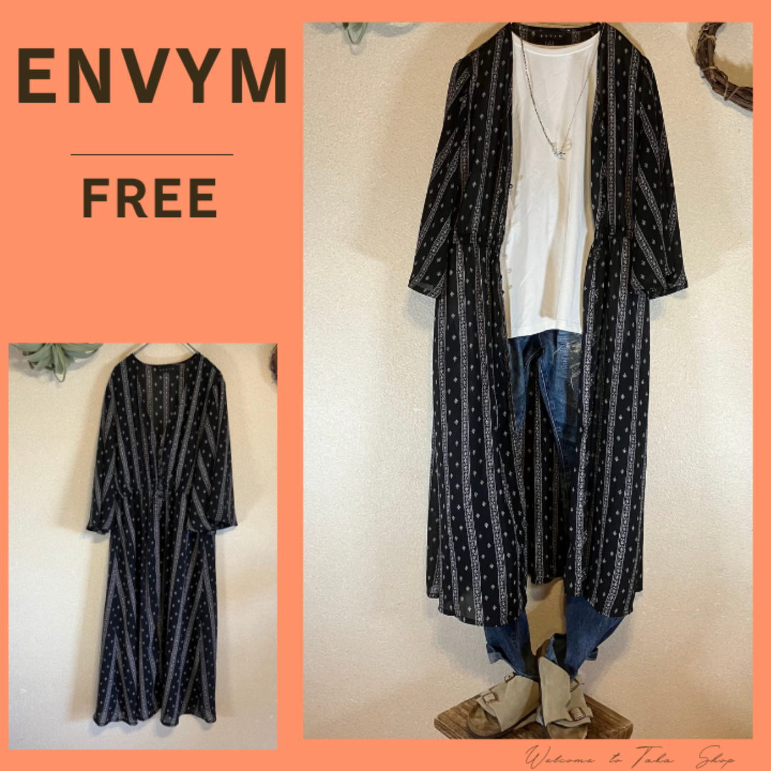 ENVYM(アンビー)の美品》アンビー　ENVYM　黒　総柄　ロングシフォンガウン　カーディガンF レディースのトップス(カーディガン)の商品写真