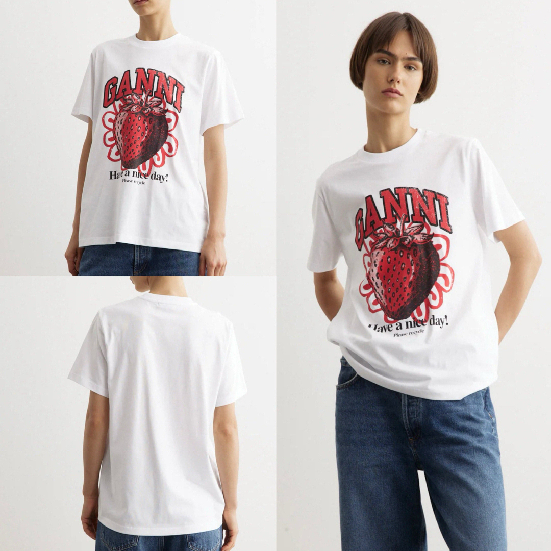 Adam et Rope'(アダムエロぺ)のGANNI ガニー リラックス オーガニック コットン Tシャツ ストロベリー レディースのトップス(Tシャツ(半袖/袖なし))の商品写真