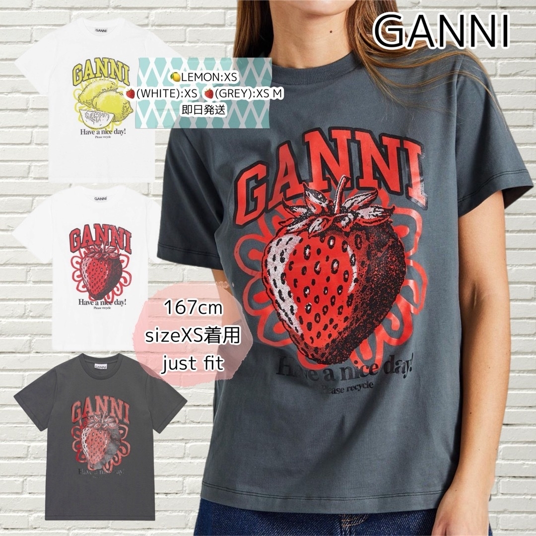 Adam et Rope'(アダムエロぺ)のGANNI ガニー リラックス オーガニック コットン Tシャツ ストロベリー レディースのトップス(Tシャツ(半袖/袖なし))の商品写真