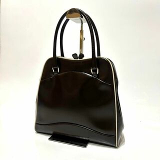 プラダ(PRADA)の【美品】　PRADA ハンドバッグ　がま口　三角ロゴ　レザー　ダークブラウン(ハンドバッグ)