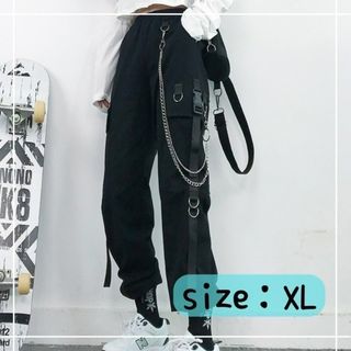 カーゴパンツ　チェーン付き　ルーズワイド　男女　ロング　ダンス　パンツ　黒　XL(ワークパンツ/カーゴパンツ)