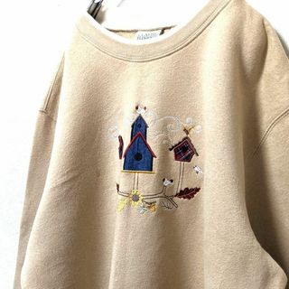 クラシックエレメント鳥の家 刺繍 アニマルスウェットトレーナーベージュXL古着(スウェット)