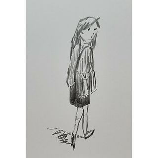 『振り向く女の子』鉛筆画。ドローイング。手描きイラスト。ハガキ。(アート/写真)