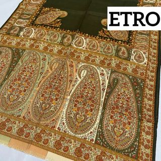 エトロ(ETRO)の美品 ★ETRO★ ストール 花 ペイズリー柄 ウール シルク 濃モスグリーン(バンダナ/スカーフ)