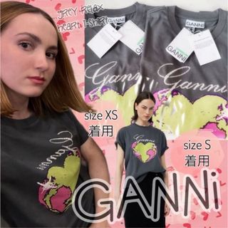 GANNI ガニー グレー リラックス ハート オーガニックコットン Tシャツ