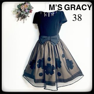 エムズグレイシー(M'S GRACY)の美品★エムズグレイシー　半袖　ワンピース  リボン　お花　チュール　38(ひざ丈ワンピース)