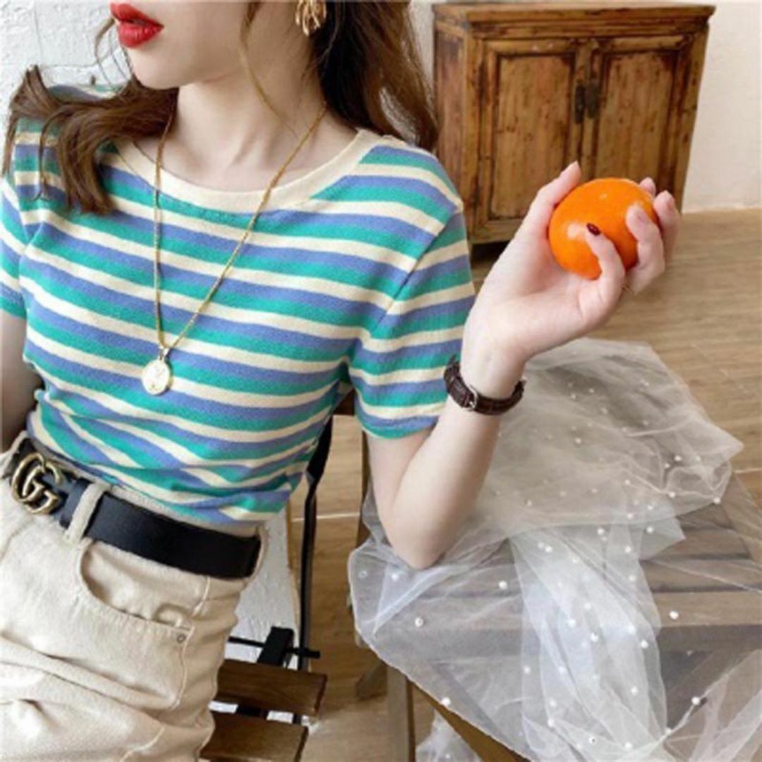 新品  人気　ボーダー　ストライプ   半袖 オレンジ  XL　匿名即日発送 レディースのトップス(Tシャツ(半袖/袖なし))の商品写真