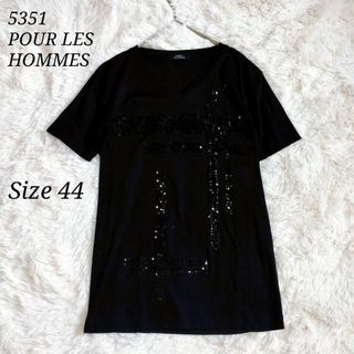 ゴーサンゴーイチプールオム★半袖Tシャツ★サイズ44★スパンコール ブラック 黒(Tシャツ(半袖/袖なし))