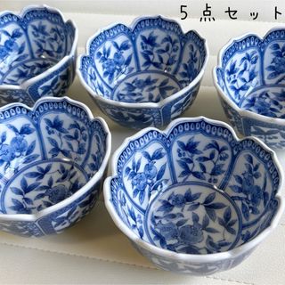 アリタヤキ(有田焼)の有田焼　青華　 染付間取花紋　小鉢揃　5枚セット　輪花鉢　古伊万里　桔梗皿　和柄(食器)