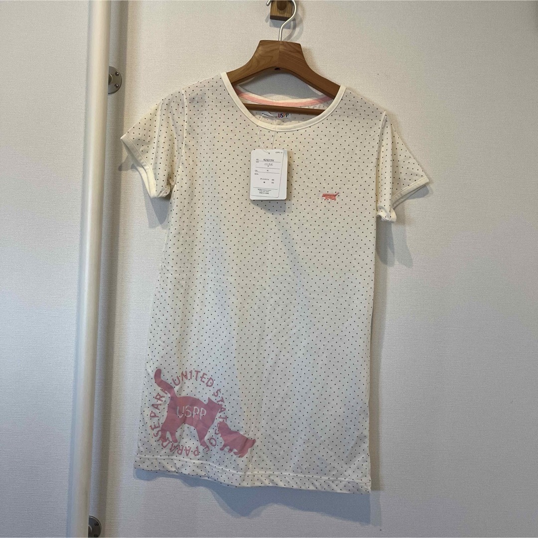 新品！白色猫ちゃんTVシャツパジャマ部屋着ドットピンクMサイズ長め レディースのトップス(Tシャツ(半袖/袖なし))の商品写真
