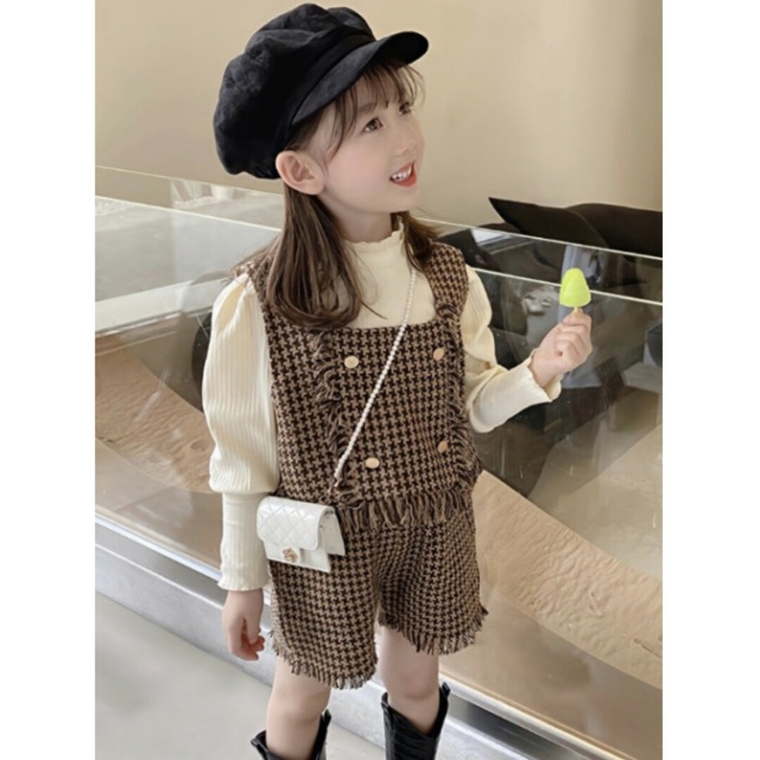 子ども 120 ツイードビスチェ セットアップ 茶色 チェック柄 フォーマル キッズ/ベビー/マタニティのキッズ服女の子用(90cm~)(ドレス/フォーマル)の商品写真