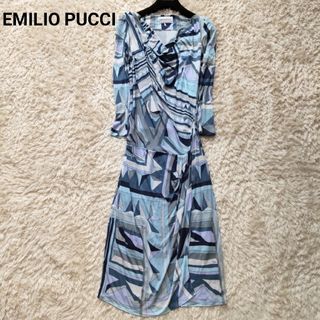 エミリオプッチ(EMILIO PUCCI)の良品 エミリオピプッチ ブルー プッチ柄 総柄 七部袖 ワンピース ドレープ(ひざ丈ワンピース)