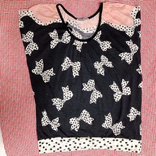 ツモリチサト(TSUMORI CHISATO)のツモリチサト＊リボンドットカットソー＊ベロア＊ピンク＊ロゴ＊ベロア＊きれいめ(カットソー(半袖/袖なし))