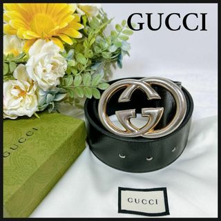 グッチ(Gucci)の☆希少美品☆ グッチ レザーベルト インターロッキング 金 GG 黒 デカロゴ(ベルト)