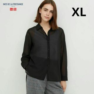 ユニクロ(UNIQLO)のイネス　コットンシアーシャツ（長袖）ブラック　ユニクロ　INES XL(シャツ/ブラウス(長袖/七分))