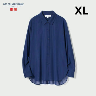 イネス　コットンシアーシャツ（長袖）ブルー　ユニクロ　INES XL(シャツ/ブラウス(長袖/七分))