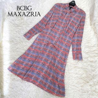 ビーシービージーマックスアズリア(BCBGMAXAZRIA)のBCBG MAXAZRIA ボウタイ 総柄 ギャザー ワンピース マルチカラー(ロングワンピース/マキシワンピース)