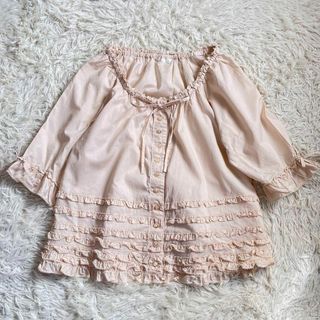 PINK HOUSE - 【美品】ピンクハウス　ピコフリル&リボン シャツ ブラウス　5分〜半袖　ラグラン