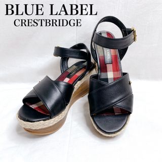 ブルーレーベルクレストブリッジ(BLUE LABEL CRESTBRIDGE)の美品✨ ブルーレーベルクレストブリッジ　レザー　黒　ウェッジソールサンダル　24(サンダル)