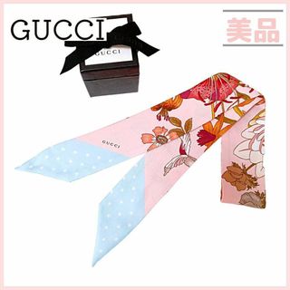 グッチ(Gucci)のグッチ ネックボウ リボンスカーフ フラワーモチーフ ピンク ブルー 水玉(バンダナ/スカーフ)