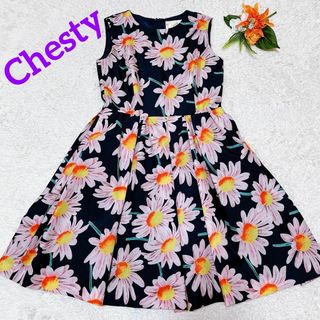 チェスティ(Chesty)の美品✨Chesty　チェスティ　花柄ワンピース　フレア　Aライン　ネイビー　1(ひざ丈ワンピース)