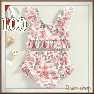 新品♪　花柄 フリル ビキニ 水着 キッズ 女の子 100(水着)