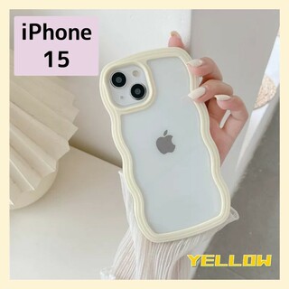 iPhoneケース iPhone15 イエロー ウェーブ 黄色 韓国 背面クリア(iPhoneケース)