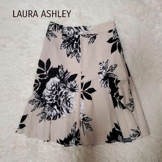 ローラアシュレイ(LAURA ASHLEY)のLAURA ASHLEY フレアスカート 花柄  リネン混 ベージュ size9(ひざ丈スカート)