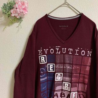 ニコル　長袖Tシャツ　ビックプリント　ワインレッド　Vネック　サイズ４８