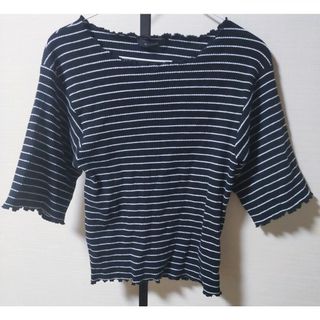 ダブルクローゼット(w closet)の美品☆Wcloset☆ボーダー柄メローフリル五分袖リブニットトップス☆黒×白(ニット/セーター)