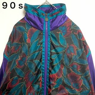 VINTAGE - 激レア◎90s◎厚手◎ブルゾン◎紫×緑◎リーフ◎ボタニカル◎レトロ◎キルティング