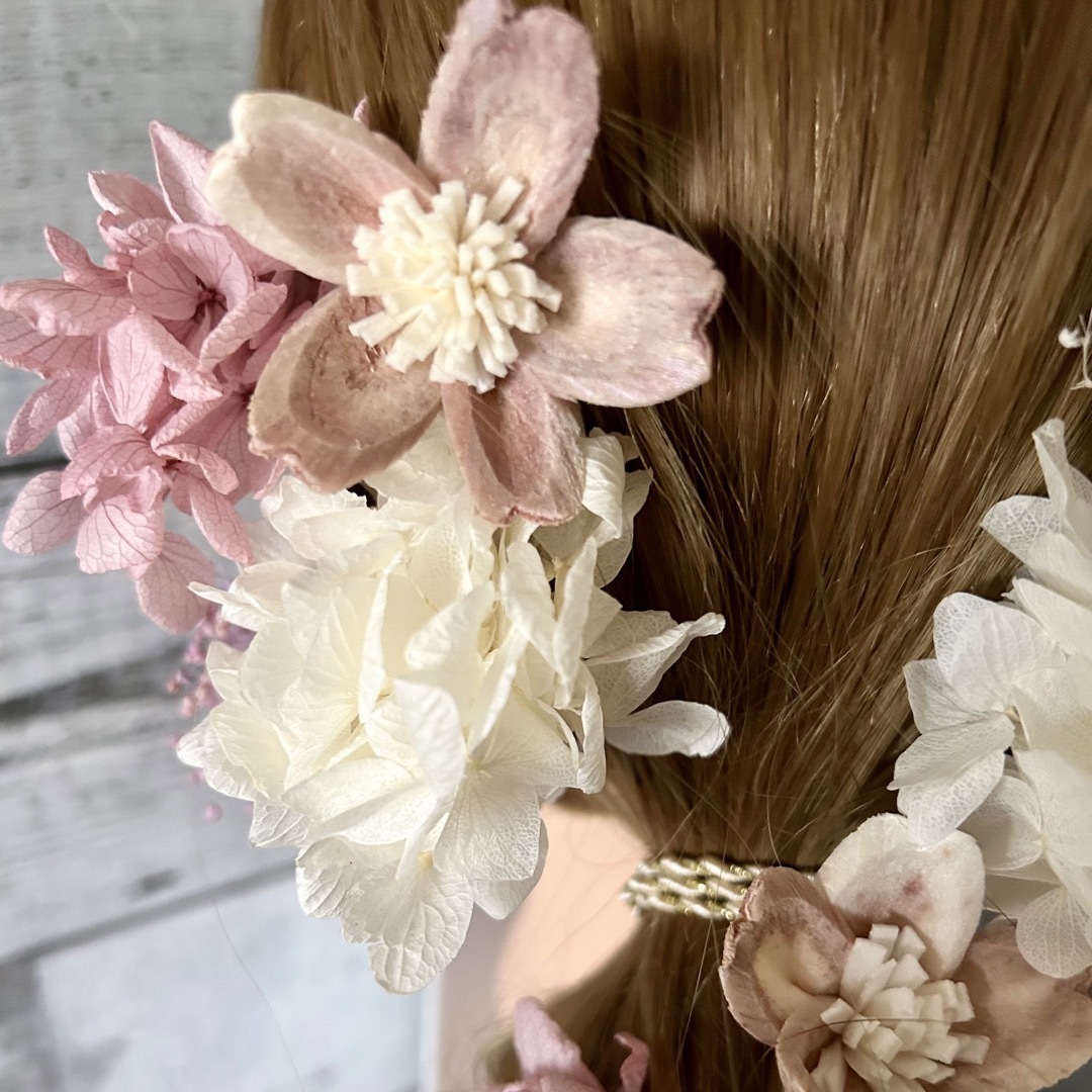 髪飾りポニー袴ヘアパーツ＊桜ピンク白＊和玉水引きドライフラワー＊成人式卒業式 レディースのヘアアクセサリー(ヘアピン)の商品写真