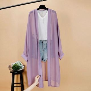 ロングカーディガン　シフォン　UVカット　パープル(カーディガン)