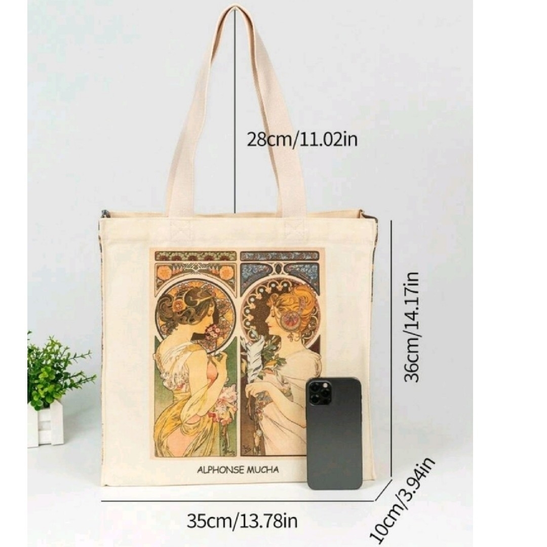 トートバッグ月見草と羽アルフォンス・ミュシャMUCHAマチが広いエコバッグ油絵画 レディースのバッグ(トートバッグ)の商品写真