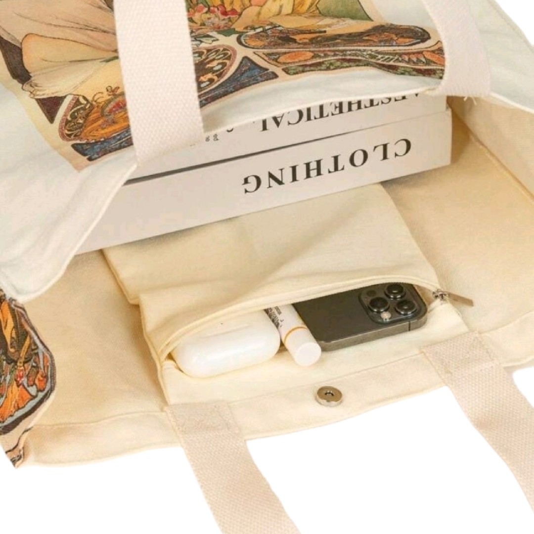 トートバッグ月見草と羽アルフォンス・ミュシャMUCHAマチが広いエコバッグ油絵画 レディースのバッグ(トートバッグ)の商品写真