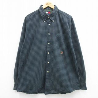 トミーヒルフィガー(TOMMY HILFIGER)のXL★古着 トミーヒルフィガー TOMMY HILFIGER 長袖 ブランド シャツ メンズ 90年代 90s ワンポイントロゴ 大きいサイズ ロング丈 ボタンダウン 緑他 グリーン チェック 24apr20 中古 トップス(シャツ)