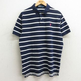 ラルフローレン(Ralph Lauren)のXL★古着 ラルフローレン Ralph Lauren 半袖 ブランド ポロ シャツ メンズ 90年代 90s ワンポイントロゴ 鹿の子 コットン 紺他 ネイビー ボーダー 24apr20 中古 トップス(ポロシャツ)