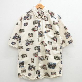 ウールリッチ(WOOLRICH)のL★古着 ウールリッチ WOOLRICH 半袖 シャツ メンズ 00年代 00s ルアー ランタン 総柄 ロング丈 コットン ボタンダウン 生成り 24apr20 中古 トップス(シャツ)